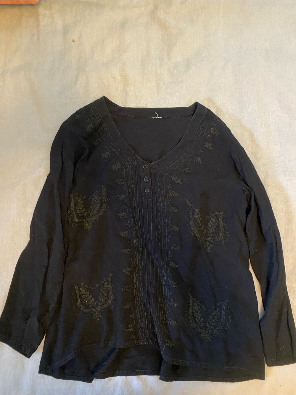 Anthropologie Black Embroidered Long-Sleeve V-Neck Top